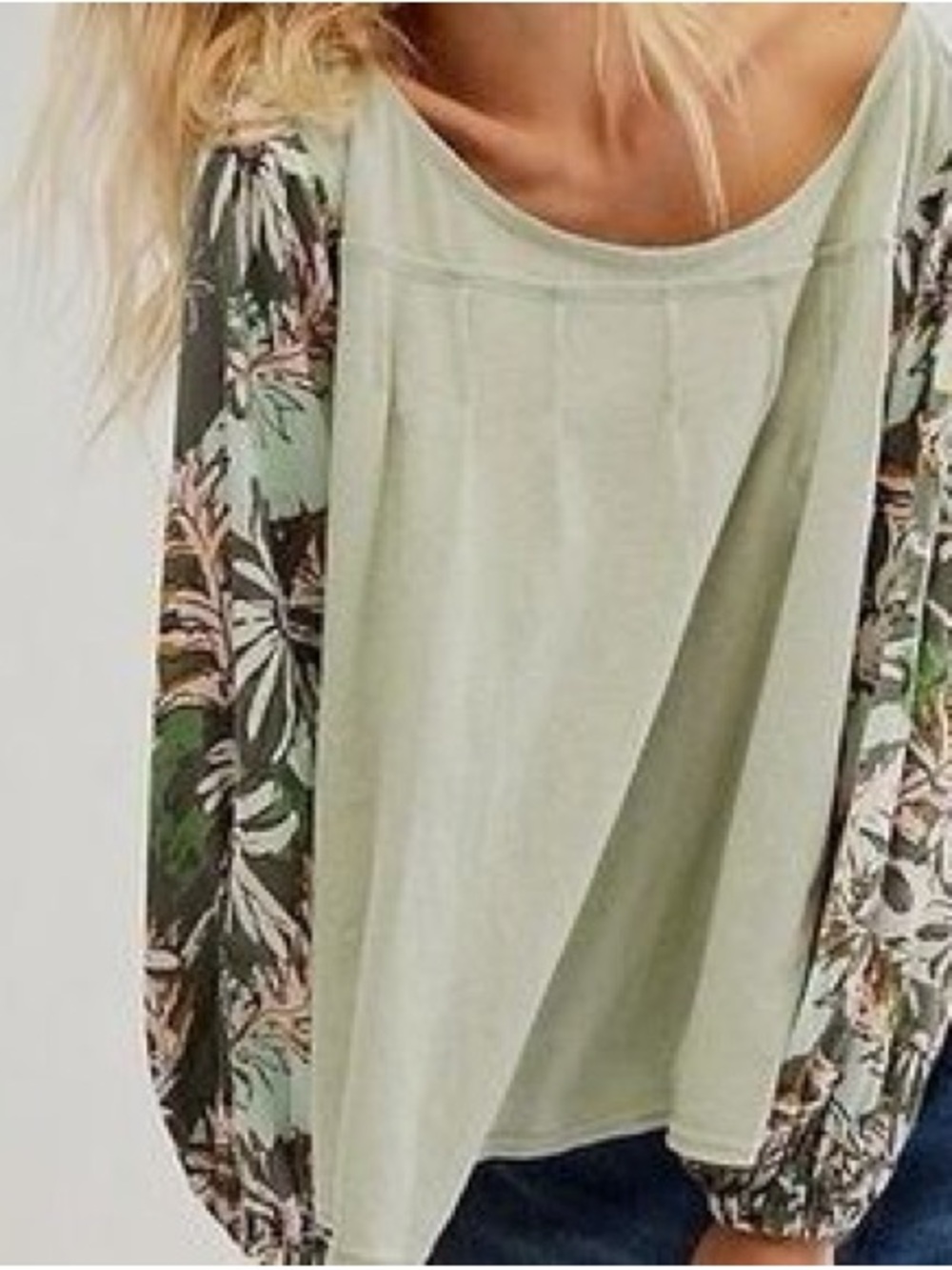 Free People Picking Petals Sage Floral Sleeve Women's Top-Size Small
